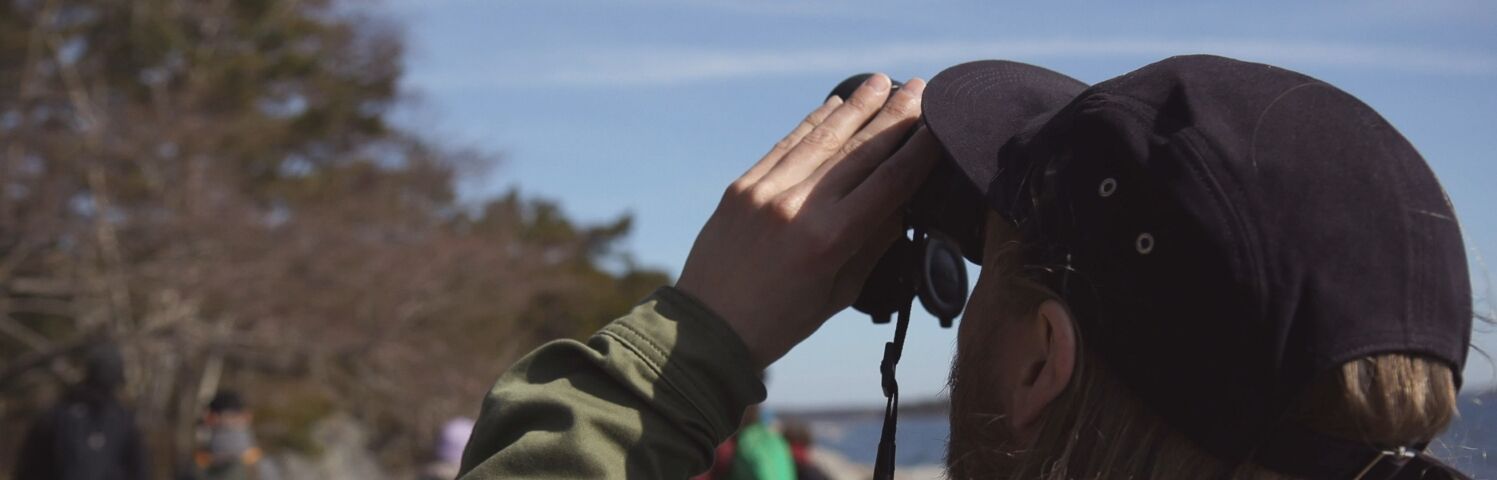 Henkilö takaapäin, kiikaroimassa siniselle taivaalle.