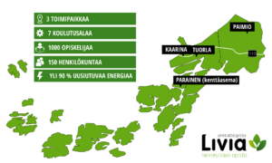 Graafinen karttaesitys Livian toimipaikoista ja perustiedoista.